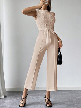 SHEIN Privé بدلة قطعة واحدة للنساء، عريضة الساق، قصيرة بدون أكمام، من التطريز الأبيض، خصر عالٍ