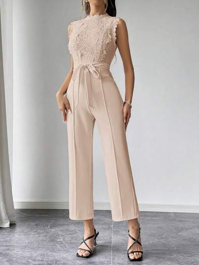 SHEIN Privé بدلة قطعة واحدة للنساء، عريضة الساق، قصيرة بدون أكمام، من التطريز الأبيض، خصر عالٍ