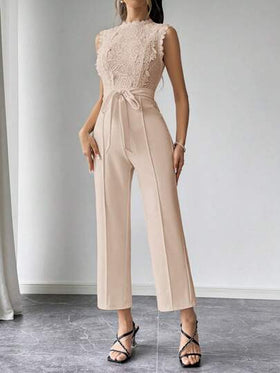 SHEIN Privé بدلة قطعة واحدة للنساء، عريضة الساق، قصيرة بدون أكمام، من التطريز الأبيض، خصر عالٍ