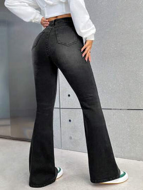 SHEIN PETITE سراويل جينز نسائية ذات خصر منخفض وضيقة وواسعة من الأسفل، جينز رمادي داكن للنساء