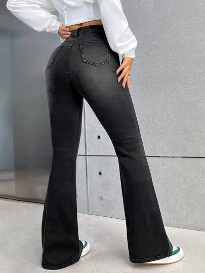 SHEIN PETITE سراويل جينز نسائية ذات خصر منخفض وضيقة وواسعة من الأسفل، جينز رمادي داكن للنساء
