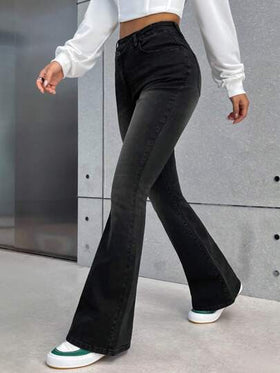 SHEIN PETITE سراويل جينز نسائية ذات خصر منخفض وضيقة وواسعة من الأسفل، جينز رمادي داكن للنساء