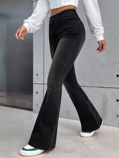 SHEIN PETITE سراويل جينز نسائية ذات خصر منخفض وضيقة وواسعة من الأسفل، جينز رمادي داكن للنساء
