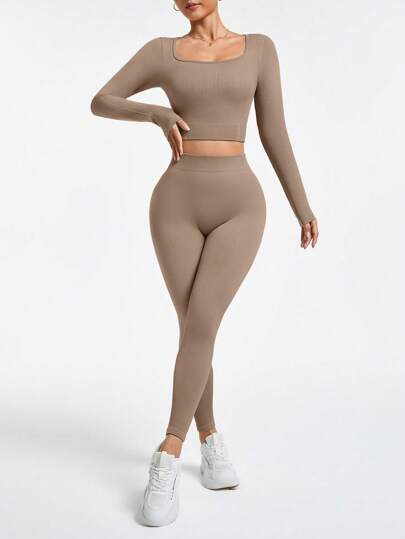 SHEIN Sport Studio بدلة رياضية أنثوية كاملة بقميص رقبة مربعة وأكمام طويلة وبنطال ليغنز أطقم رياضية بخياطة غير منظورة للنساء، لون بيج، مجموعة ملابس تمارين رياضية للنساء