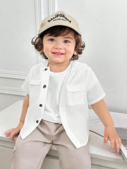 SHEIN زرار جيب قصير الأكمام مزين كارديجان أبيض للأطفال الرضع والصغار دون تحديد الجنس، مناسب للصيف، الرياضة، المنزل، الخارج، المدرسة