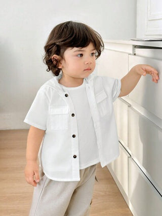 SHEIN زرار جيب قصير الأكمام مزين كارديجان أبيض للأطفال الرضع والصغار دون تحديد الجنس، مناسب للصيف، الرياضة، المنزل، الخارج، المدرسة