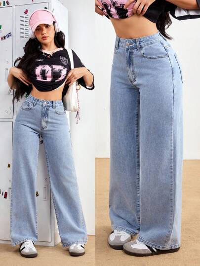 SHEIN PETITE بنطال جينز سيدات بخصر واسع أرجل واسعة مريح، متعدد الاستخدامات