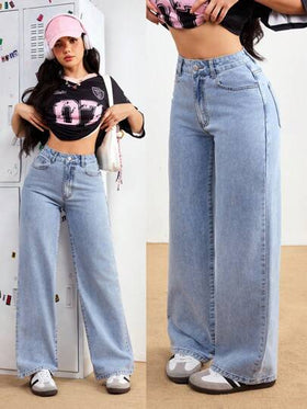 SHEIN PETITE بنطال جينز سيدات بخصر واسع أرجل واسعة مريح، متعدد الاستخدامات