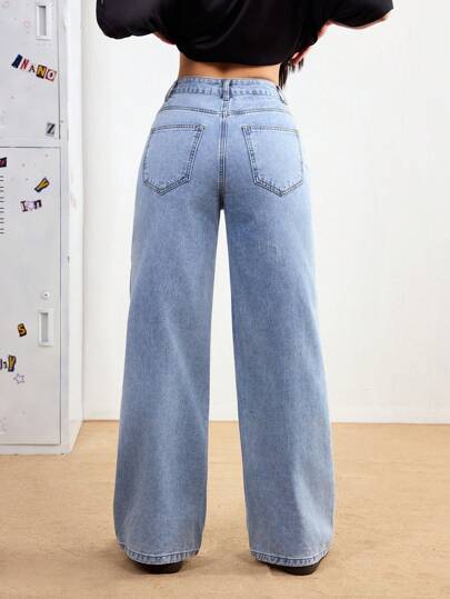 SHEIN PETITE بنطال جينز سيدات بخصر واسع أرجل واسعة مريح، متعدد الاستخدامات