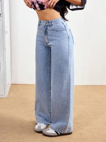 SHEIN PETITE بنطال جينز سيدات بخصر واسع أرجل واسعة مريح، متعدد الاستخدامات