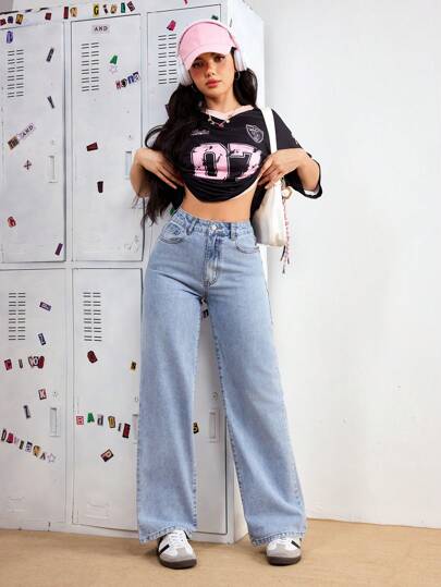 SHEIN PETITE بنطال جينز سيدات بخصر واسع أرجل واسعة مريح، متعدد الاستخدامات