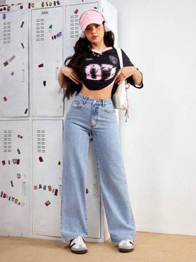 SHEIN PETITE بنطال جينز سيدات بخصر واسع أرجل واسعة مريح، متعدد الاستخدامات