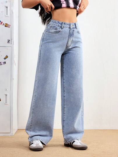 SHEIN PETITE بنطال جينز سيدات بخصر واسع أرجل واسعة مريح، متعدد الاستخدامات