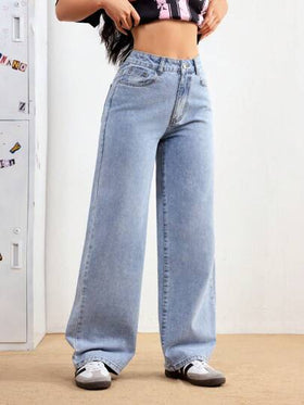 SHEIN PETITE بنطال جينز سيدات بخصر واسع أرجل واسعة مريح، متعدد الاستخدامات