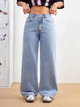 SHEIN PETITE بنطال جينز سيدات بخصر واسع أرجل واسعة مريح، متعدد الاستخدامات