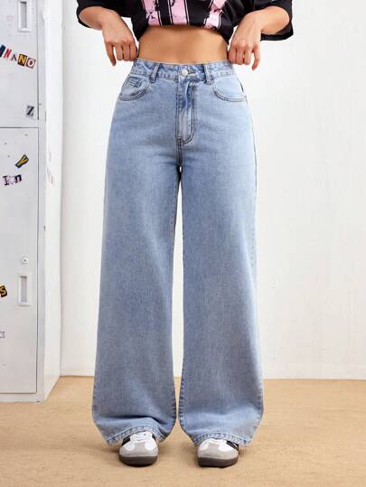 SHEIN PETITE بنطال جينز سيدات بخصر واسع أرجل واسعة مريح، متعدد الاستخدامات