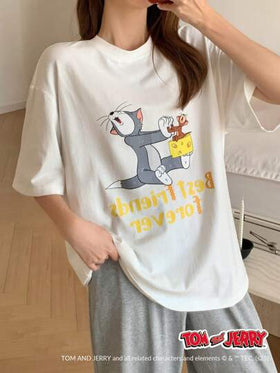 TOM AND JERRY X DAZY طقم ملابس نوم يتكون من بنطلون بساق مستقيم فضفاض وقميص طباعة رسوم كرتونية جذابة