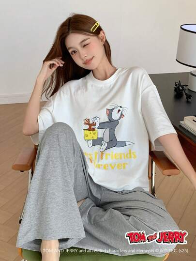 TOM AND JERRY X DAZY طقم ملابس نوم يتكون من بنطلون بساق مستقيم فضفاض وقميص طباعة رسوم كرتونية جذابة