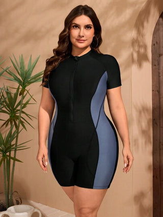 Swim SPRTY بدلة حماية من الشمس مقاس كبير، مصنوعة من نصف سوستة كتلة اللون، ذات أكمام قصيرة للنساء، مناسبة للاستخدام في شاطئ الصيف والرحلات
