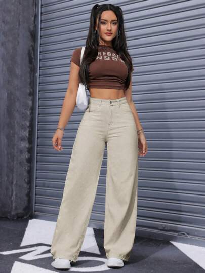 SHEIN ICON بنطلون جينز كاجوال للنساء مع أزرار أمامية وجيوب، للارتداء اليومي