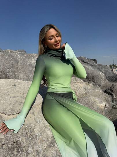 طقم تانكيني حريمي Swim Shayni مجموعة كاجوال تنكيني تتكون من: ملابس علوية بياقة عالية وأكمام طويلة ombre، بنطلون، وتنورة للتغطية، مناسبة للصيف والعطلات البحرية