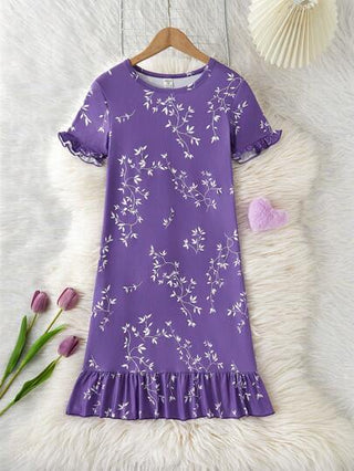 بيجاما طقم بيجامة للبنات مزين بطبعة زهرية أنيقة، رقبة مستديرة، أكمام قصيرة، مع بنطلون طويل