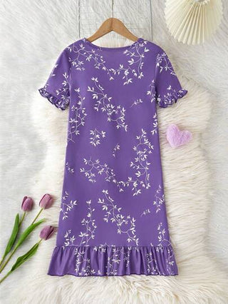 بيجاما طقم بيجامة للبنات مزين بطبعة زهرية أنيقة، رقبة مستديرة، أكمام قصيرة، مع بنطلون طويل