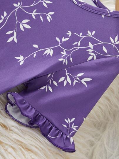 بيجاما طقم بيجامة للبنات مزين بطبعة زهرية أنيقة، رقبة مستديرة، أكمام قصيرة، مع بنطلون طويل