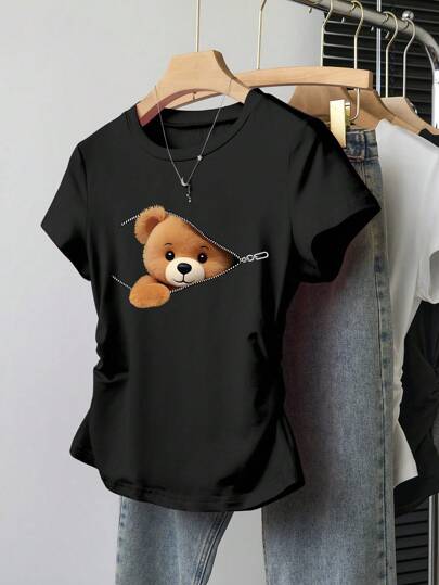ملابس بناتي تي شيرت T-shirts كاجوال بأكمام قصيرة مبطن للفتيات المراهقات مع طبعة الدب المبسطة