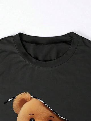ملابس بناتي تي شيرت T-shirts كاجوال بأكمام قصيرة مبطن للفتيات المراهقات مع طبعة الدب المبسطة