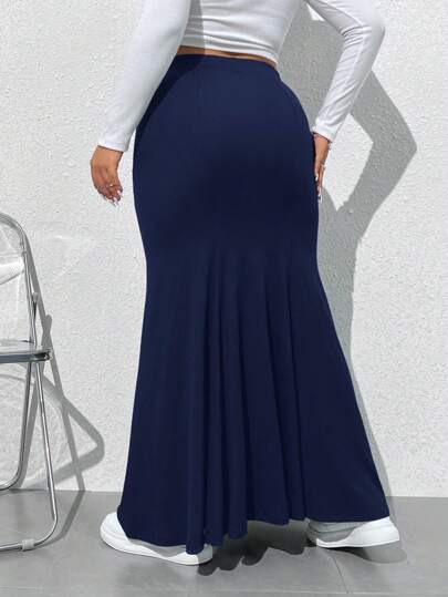 EZwear تنورة طويلة ذات خصر مطاطي لون أحادي مقاسات كبيرة للنساء