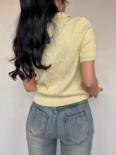 Flirla ملابس علوية محبوكة باللون الأصفر مع طوق بولو مفصل بلف، موضة بسيطة للاستخدام اليومي الكاجوال