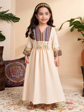 SHEIN رمضان فستان بأكمام طويلة ذو طباعة توتم كلاسيكية للفتاة بلون المشمش، مناسب للعطلات والمناسبات غير الرسمية في الربيع والصيف