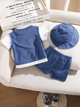 SHEIN Playful Pals طقم أطفال/أطفال صبيان مكون من 3 قطع: ملابس علوية كم قصير بنسيج وافل، شورت، وقبعة، أناقة ملائمة للاستخدام اليومي العادي للخارج، المدرسة، العطلات، الأنشطة العائلية، الرياضة والمناسبات