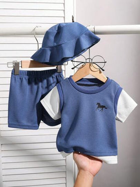 SHEIN Playful Pals طقم أطفال/أطفال صبيان مكون من 3 قطع: ملابس علوية كم قصير بنسيج وافل، شورت، وقبعة، أناقة ملائمة للاستخدام اليومي العادي للخارج، المدرسة، العطلات، الأنشطة العائلية، الرياضة والمناسبات