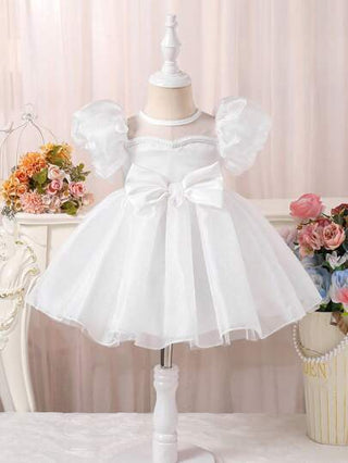 فساتين بيبي Glamorique Kids فستان الأميرة الأنيق والحلو والفاخر للبنات عمر 1-3 سنوات, أبيض نقي ، بأكمام منتفخة من التول، طبقات من شبكة براقة ، تطريز خياطة الدانتيل وتصميم فيونكة ضخمة على الخصر لأناقة ورقة مميزة