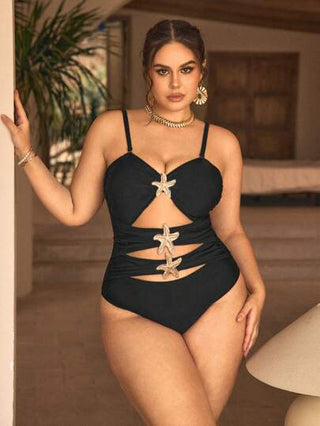 SHEIN Swim 1 قطعة ملابس سباحة نسائية كبيرة الحجم من قطعة واحدة مزخرفة بالمعادن، بدلة سباحة مثيرة وأنيقة للشاطئ، لقضاء إجازة الصيف