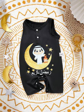 SHEIN رمضان رومبير رضيع أطفال صبيان مطبوع بطبعات القمر والصبي الصغير، كم أكمام، قماش لطيف ومريح من الجوارب، مناسب لفصلي الربيع والصيف للأنشطة الخارجية والمنزل والأعياد والأيام العادية، مناسب للمواليد الجدد