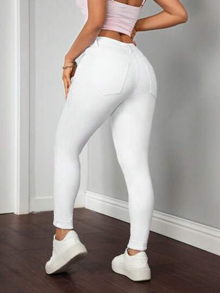 PETITE سراويل جينز نسائية قابلة للغسل بلون أحادي مع جيوب أمامية وقصة ضيقة