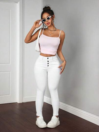 PETITE سراويل جينز نسائية قابلة للغسل بلون أحادي مع جيوب أمامية وقصة ضيقة