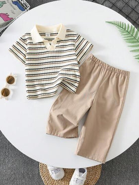 SHEIN مجموعة ملابس علوية قصير الأكمام مع أزرار وبنطال ذو خصر مطاطي، اللون مخطط لطفل/طفلة