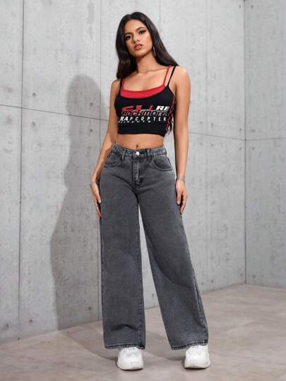 PETITE بنطال جينز كاجوال للنساء بجيوب أمامية وأزرار