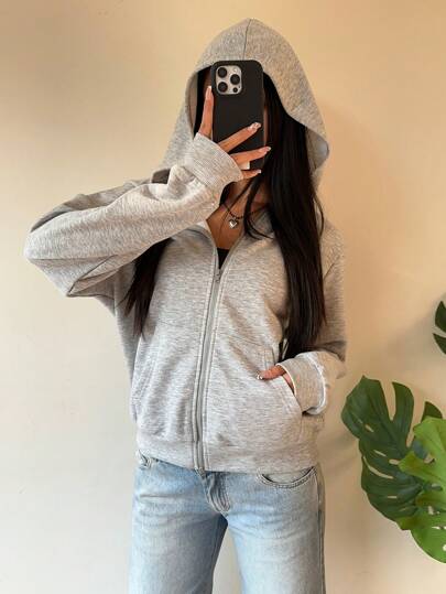 EZwear سترة رمادية مقنعة نسائية من القماش المحبوك