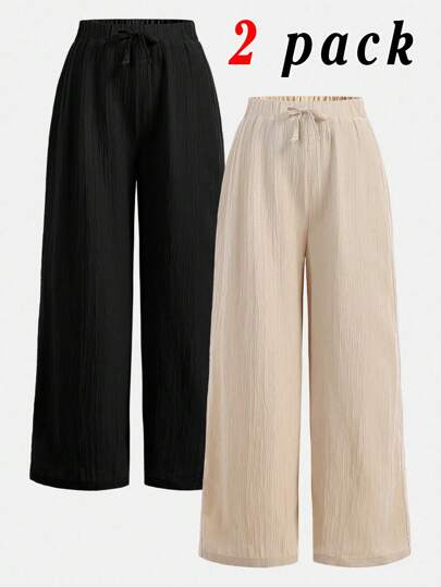 SHEIN Girlism 2 قطعة بنطلون واسع الساق بتصميم فضفاض مع ربطة عقدة، للبنات المراهقات، باللونين الأسود والبيج، أسلوب عطلة مريح، للرجوع إلى موسم المدرسة