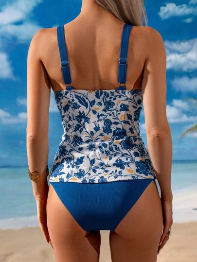 طقم تانكيني حريمي Swim Lushoire بدلة سباحة مجموعة للنساء مع جزء سفلي لون واحد وطباعة الزهور الصغيرة ولوحات الدانتيل بتصميم محتشم ومناسب، رقبة على شكل حرف V، مناسبة للشاطئ والمنتجعات، موسم الربيع والصيف