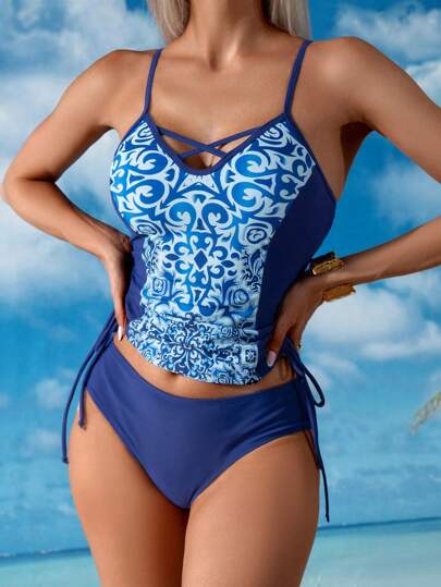 طقم تانكيني حريمي Swim Lushoire مجموعة تانكيني كاجوال للنساء مكونة من قميص حمالة وسروال بطبعة زهور، بتصميم بسيط وأنيق للاستخدام اليومي، مناسبة للارتداء في الشاطئ والعطلات الصيفية