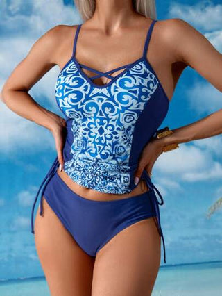طقم تانكيني حريمي Swim Lushoire مجموعة تانكيني كاجوال للنساء مكونة من قميص حمالة وسروال بطبعة زهور، بتصميم بسيط وأنيق للاستخدام اليومي، مناسبة للارتداء في الشاطئ والعطلات الصيفية