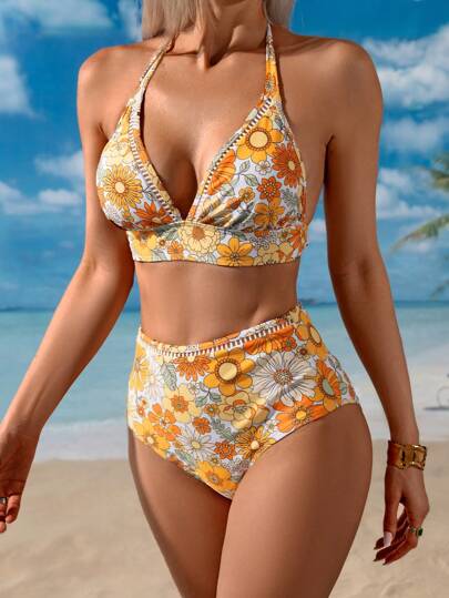 Swim Lushoire مجموعة بيكيني بأزهار صغيرة للنساء، مناسبة للعطلة على الشاطئ