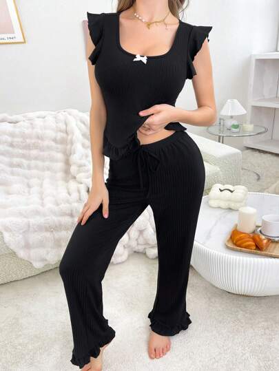 SHEIN مجموعة ملابس منزلية أنيقة بسيطة للنساء مع تريم قصدير