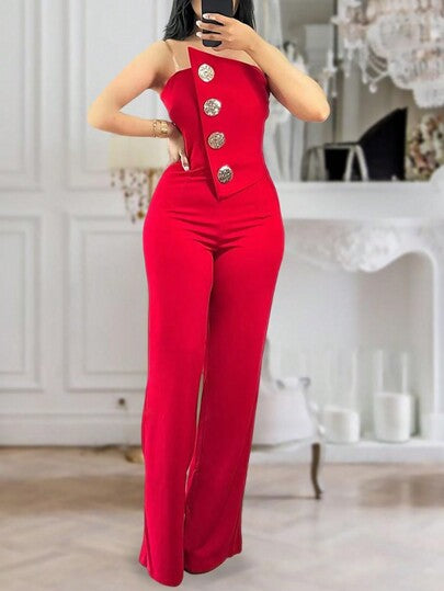 ChicMe جمبسوت كاجوال بدون أكتاف غير متماثلة مزينة بأزرار معدنية، أنيقة للصيف